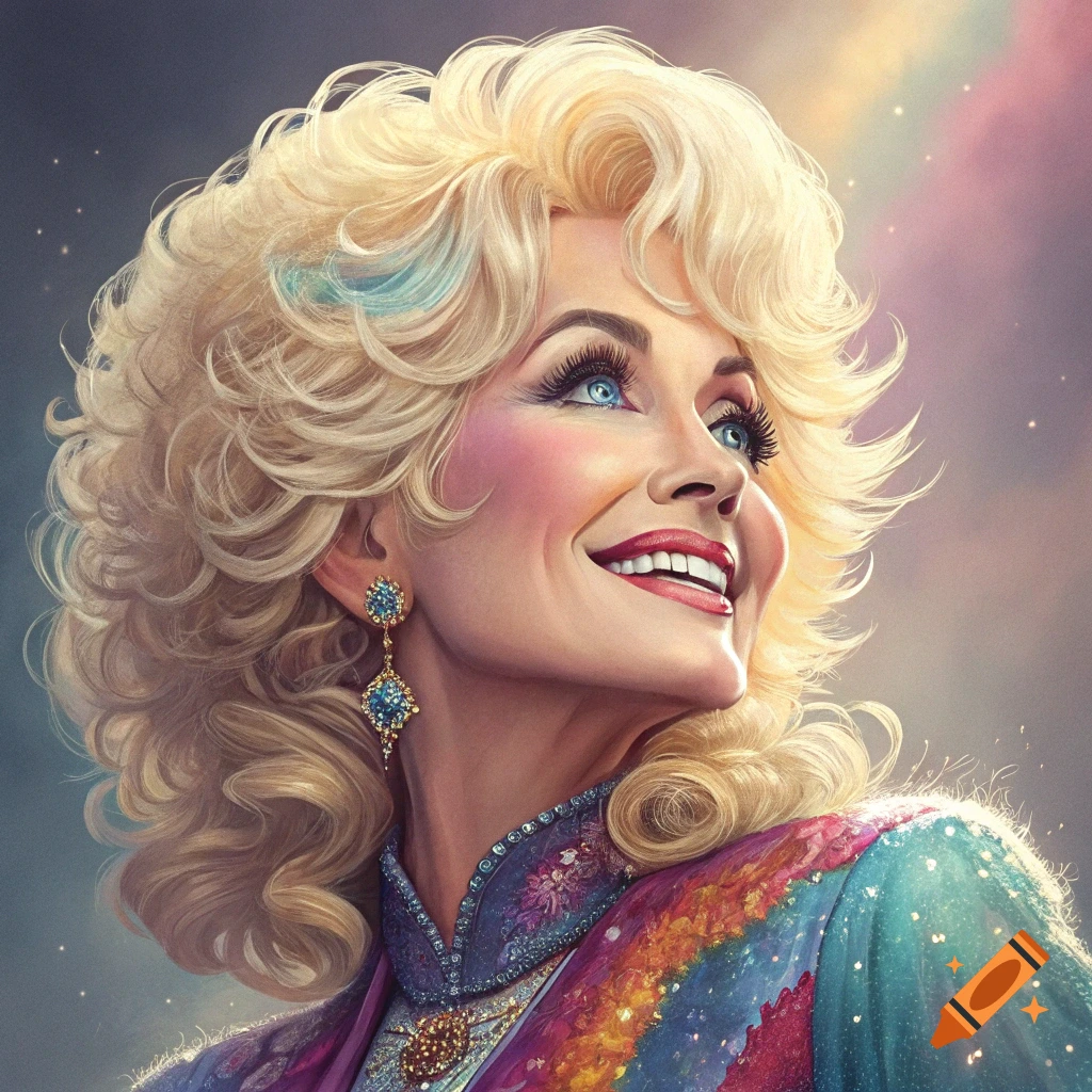 Stylized portrait of Dolly Parton smiling and looking up, wearing a colorful sequined outfit