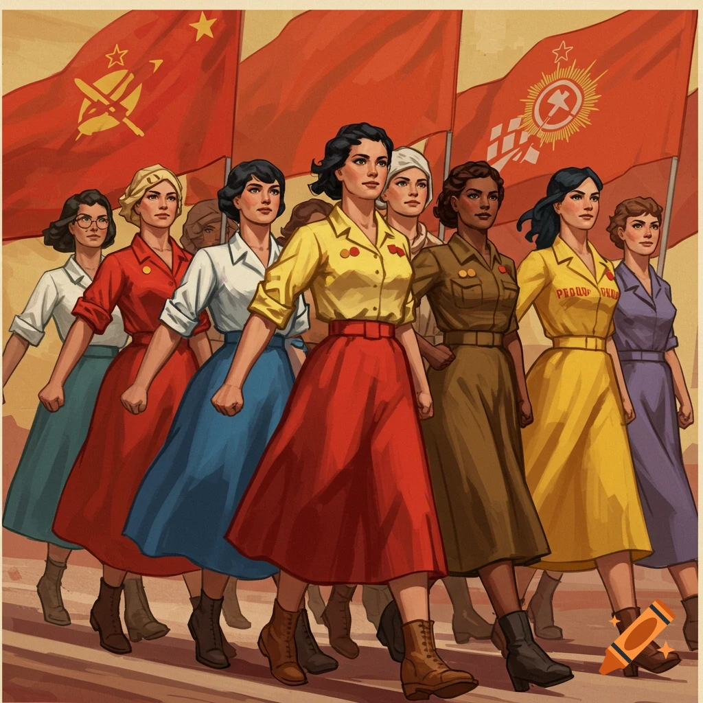 Diverse women marching with red flags in a propaganda poster style.