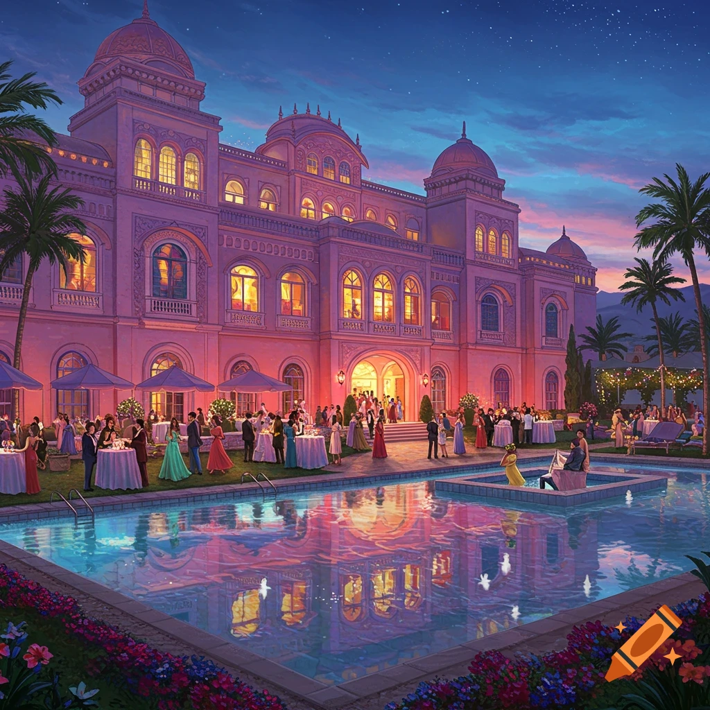A grand palace with a party on the lawn and around a reflective pool at twilight.