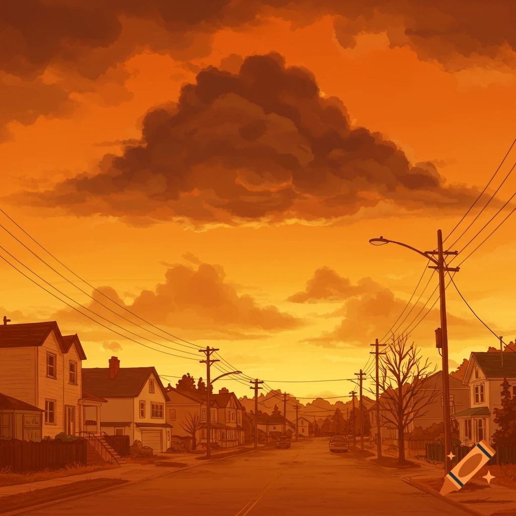 A neighborhood street with houses under an orange sky with dark clouds.