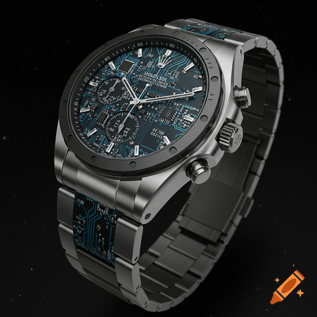 A metallic watch with a blue circuit board pattern on the face and band