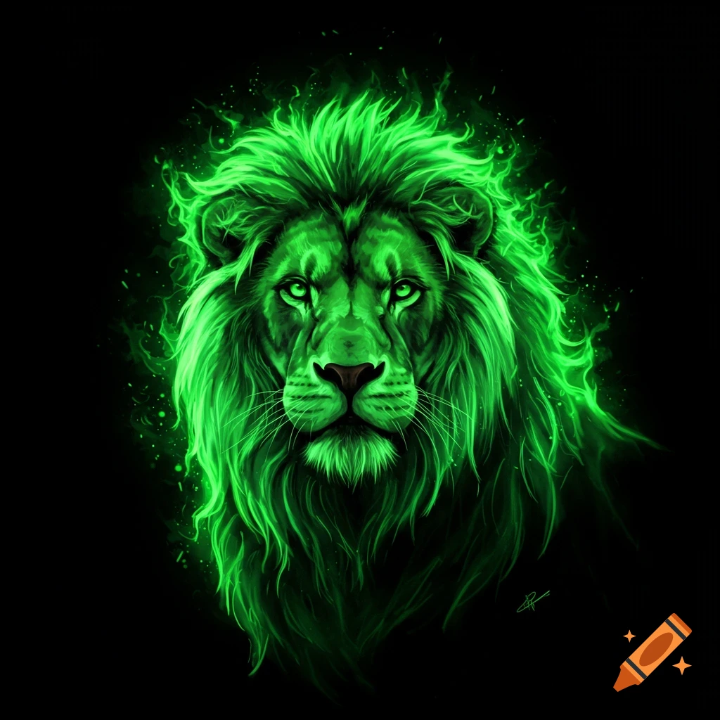 A lion's head composed of green flames against a black background.
