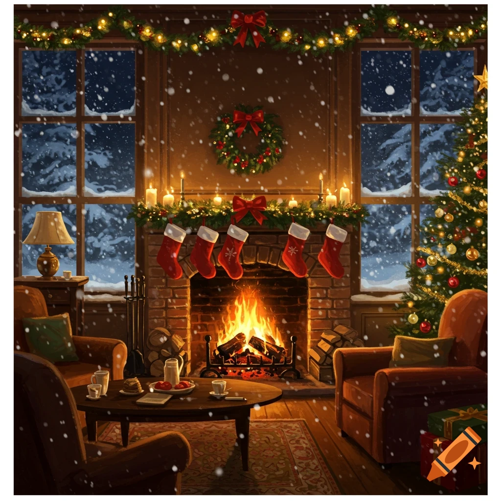 A cozy Christmas living room with a fireplace, stockings, Christmas tree, and snow outside.
