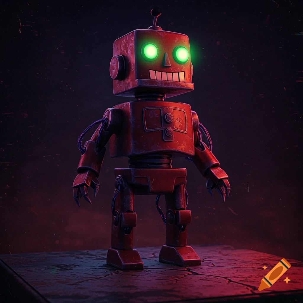 A menacing red toy robot with glowing green eyes stands on a dark, cracked platform.