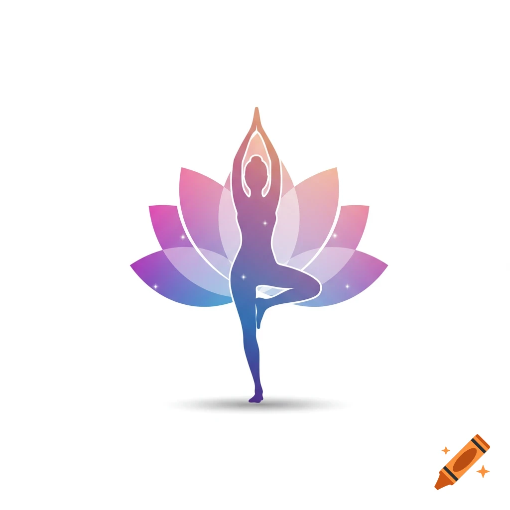 Silhouette of a person in tree pose yoga within a colorful gradient lotus flower.