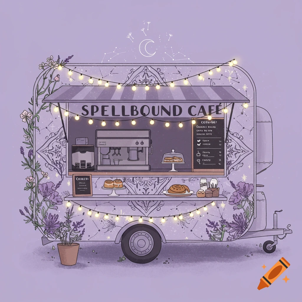 Digital illustration of a purple Spellbound Cafe mobile trailer decorated with lavender, lights, and celestial patterns.