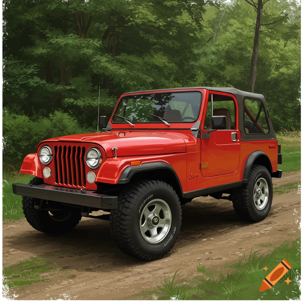 A red Jeep on a dirt road in a forest
