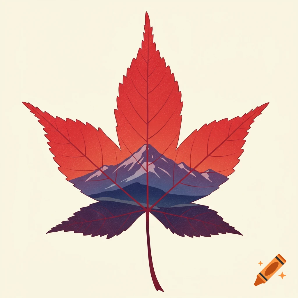 A red maple leaf illustration with a stylized mountain range landscape inside.
