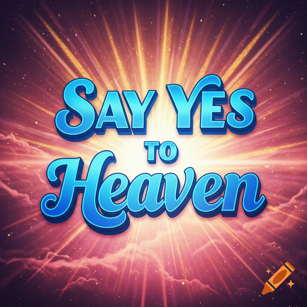 Blue text 'SAY YES TO Heaven' on a bright background with light rays and clouds