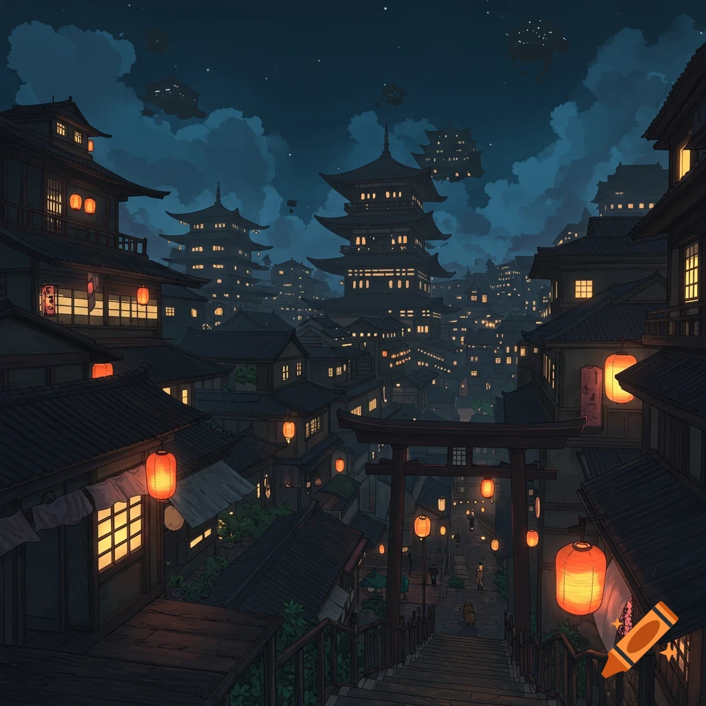 Dark fantasy cityscape at night with pagodas, glowing lanterns, and a torii gate.