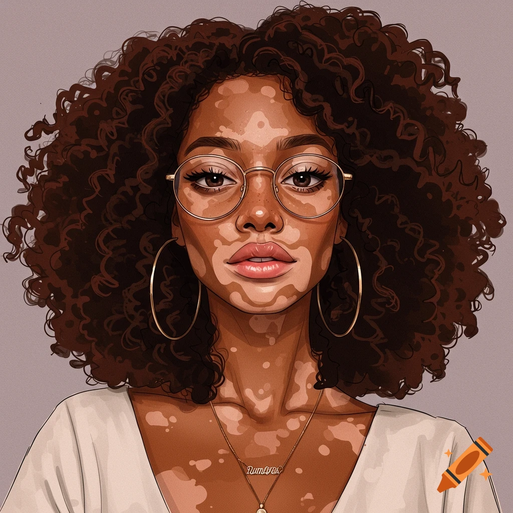 Portrait of a woman with vitiligo, curly hair, glasses, hoop earrings, and a necklace.