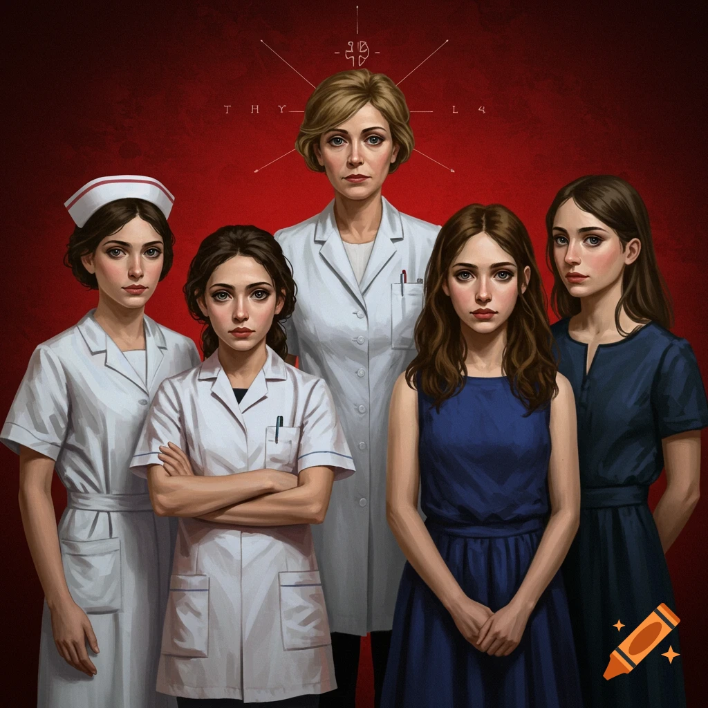 A group of women, some in nurse uniforms, stand against a red background.