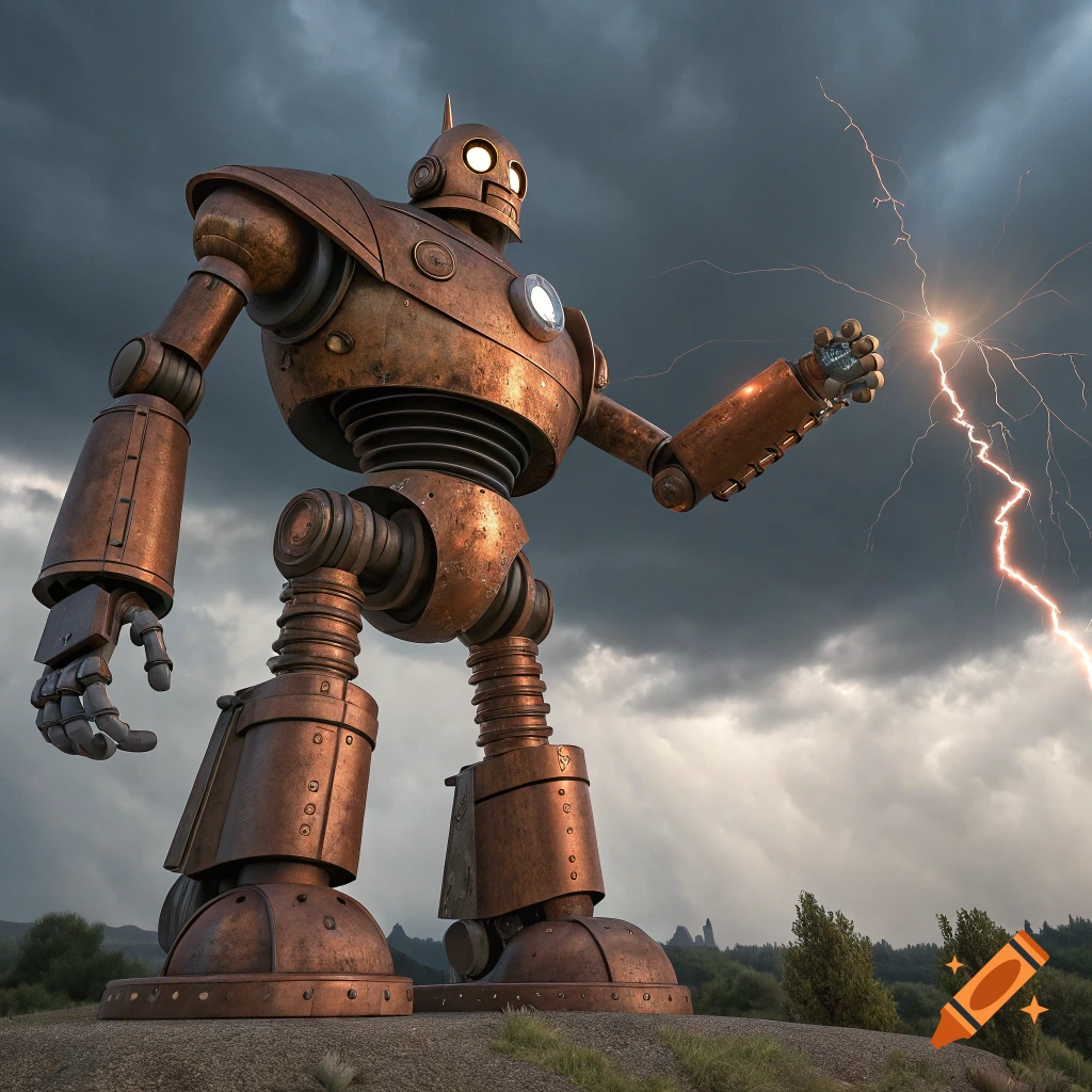 Large rusted copper robot stands on a hill under a stormy sky, shooting lightning from its hand.