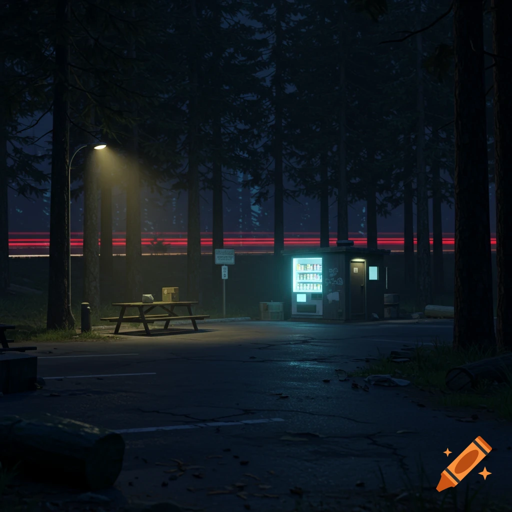 Dark forest rest stop at night with a street lamp, picnic table, and glowing vending machine. Streaks of red light from traffic are visible in the distance.