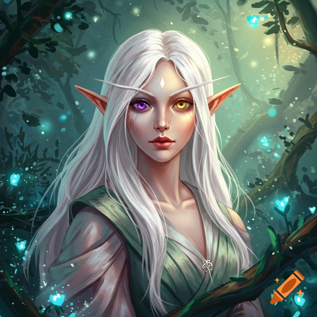 A female elf with white hair and purple/gold eyes in a fantasy forest.