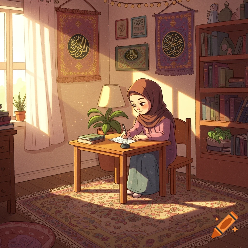 Young Muslim girl in hijab writing at a desk in a sunny room with books and calligraphy tapestries.