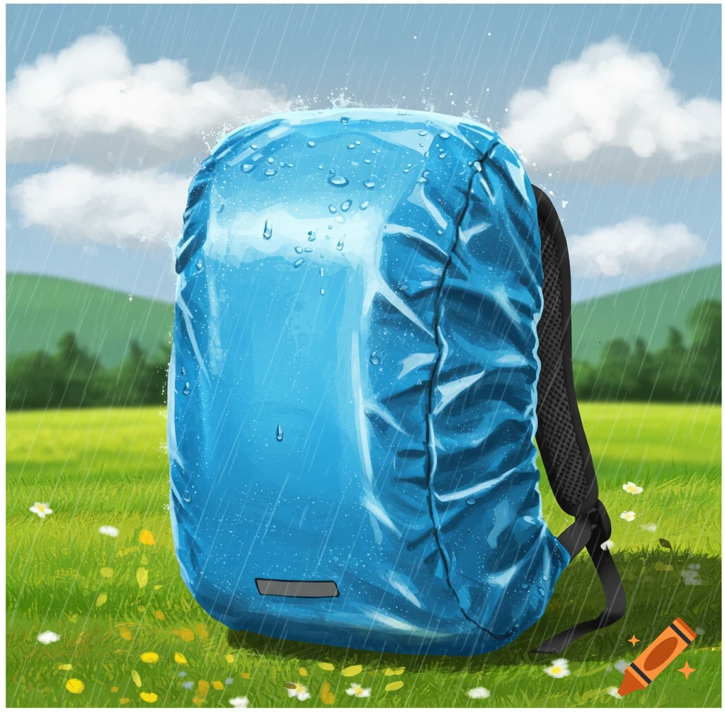 A blue backpack cover sits in a grassy field in the rain.