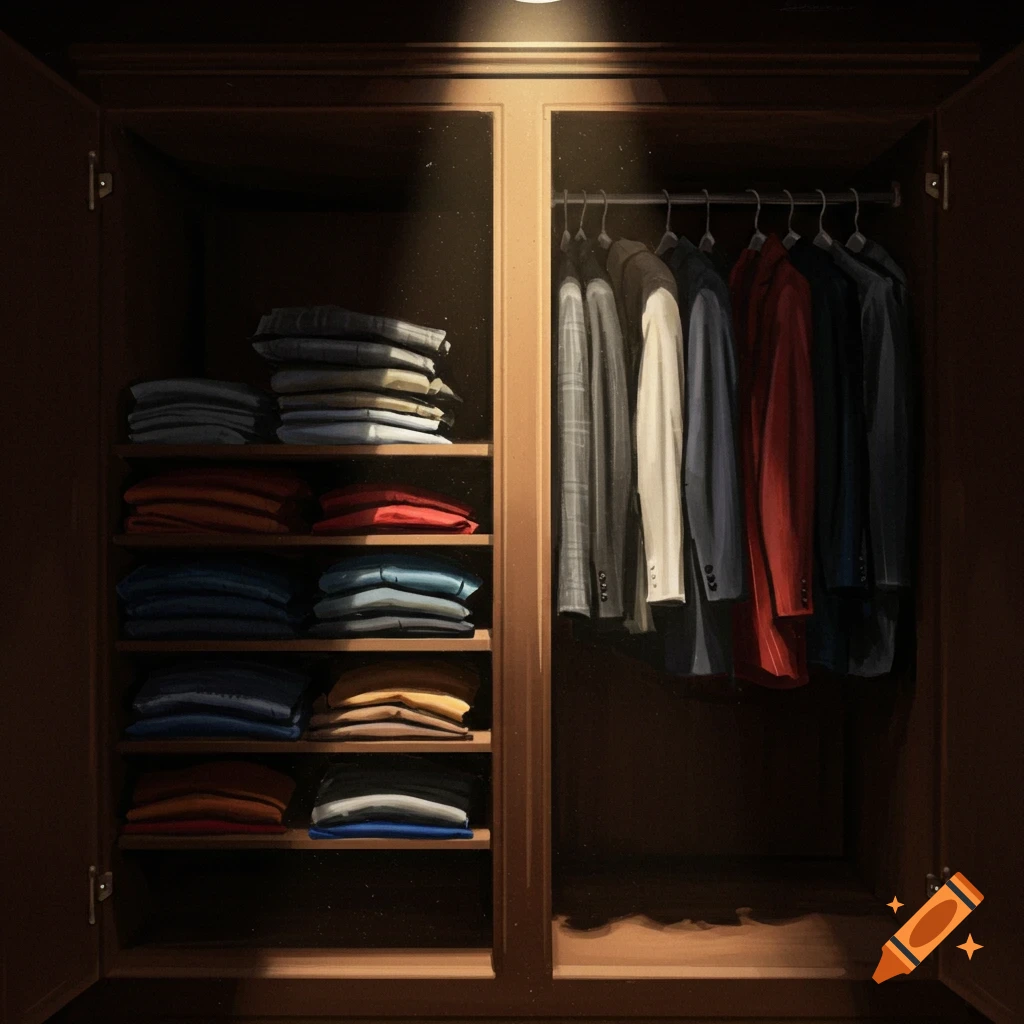 An open wardrobe filled with folded shirts and hanging jackets, with dramatic lighting.