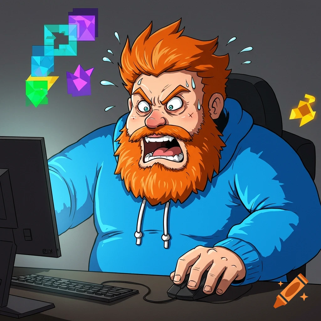 Cartoon of an angry man with red hair and beard in a blue hoodie, gaming at a computer with geometric shapes around him.