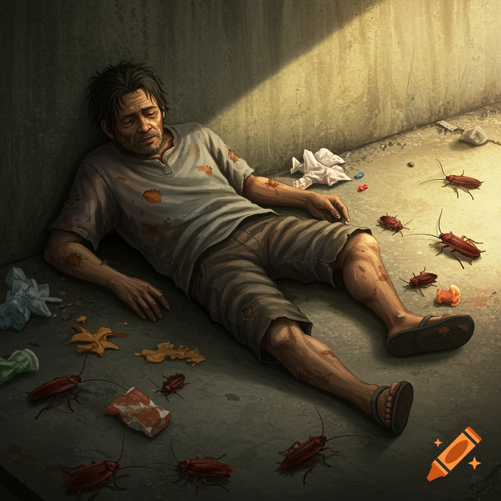A homeless person lies on a concrete floor surrounded by cockroaches in a grim urban setting.