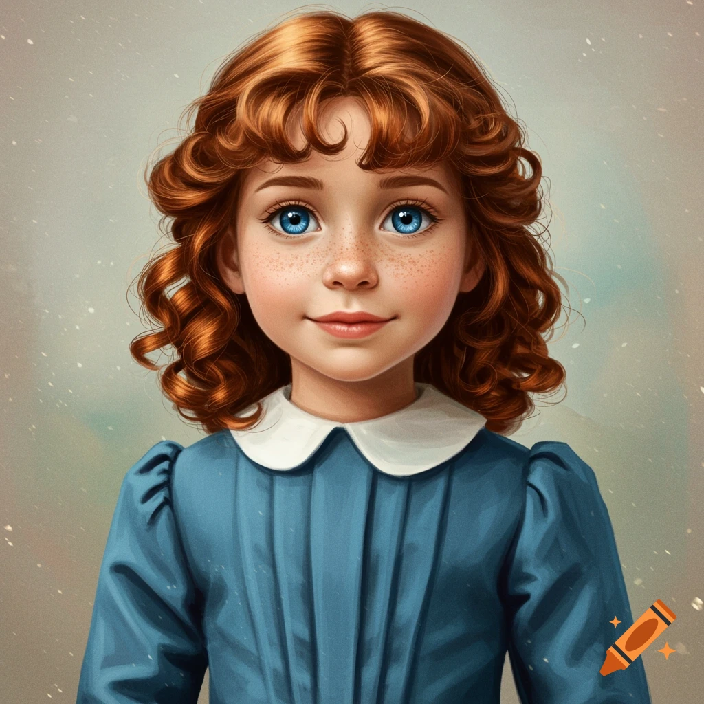 Detailed portrait of a young girl with red curly hair, blue eyes, freckles, and a blue Victorian dress.