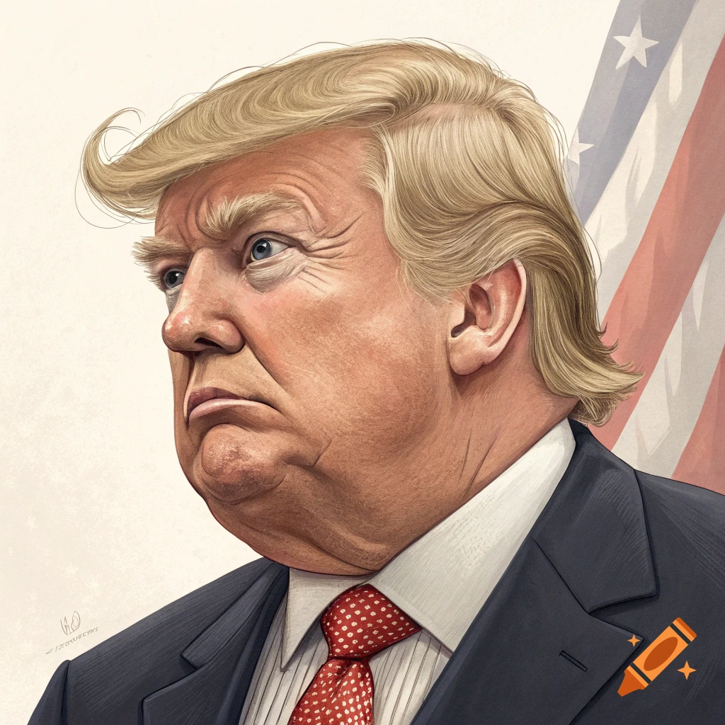 Caricature portrait of Donald Trump with an American flag.