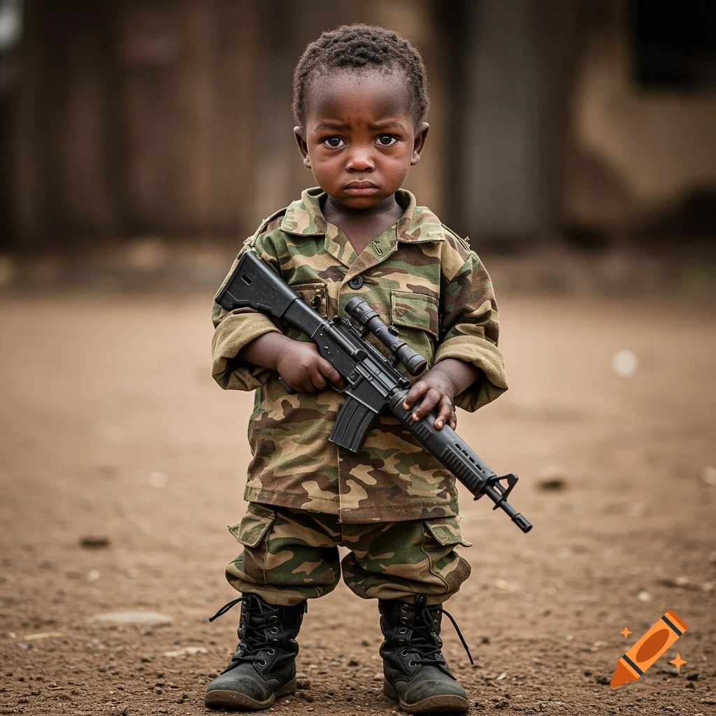 A sad young child in camouflage military uniform holds a toy rifle. Photorealistic style.