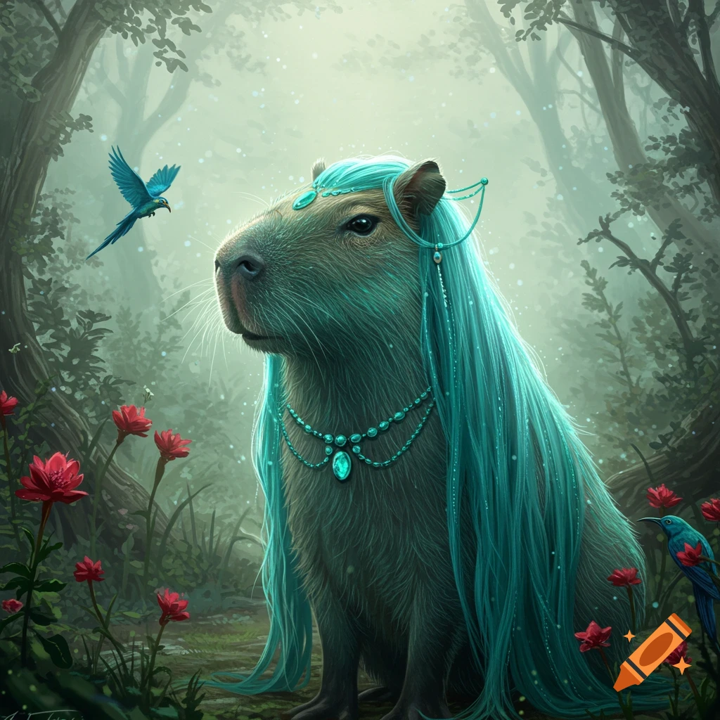 A capybara goddess with long teal hair and jewels sits in a mystical forest with birds and red flowers.