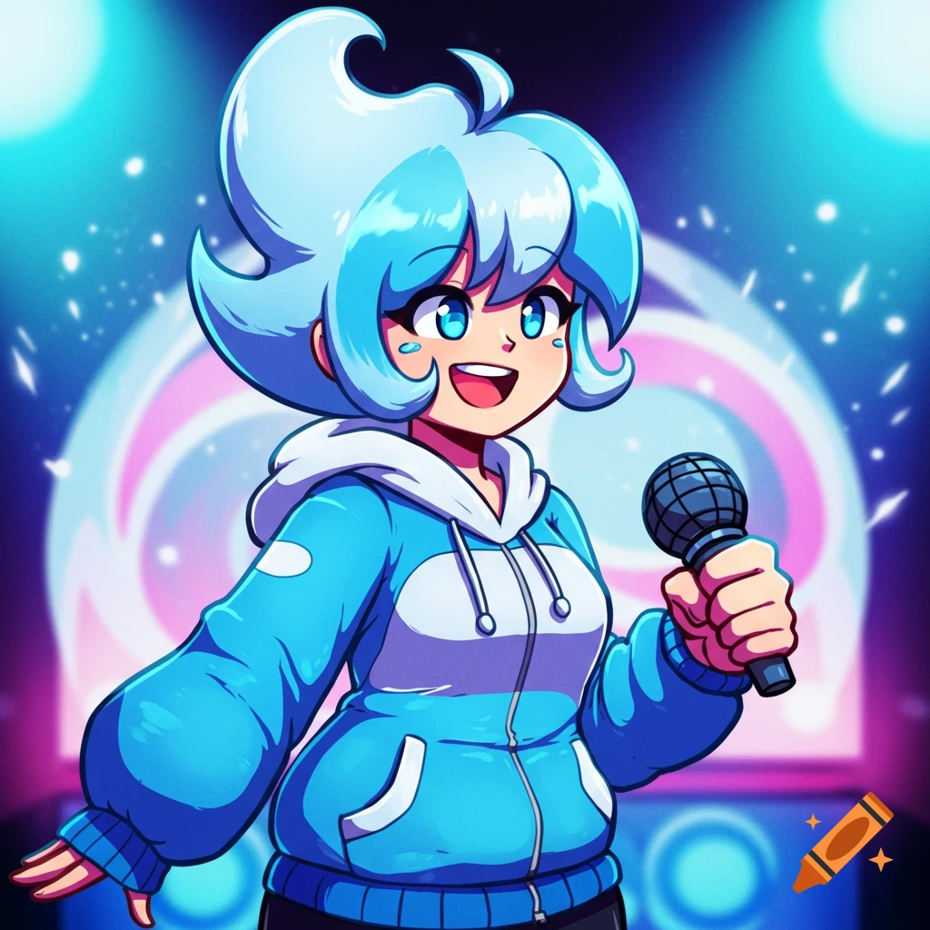 An anime girl with bright blue hair and hoodie is holding a microphone on stage.