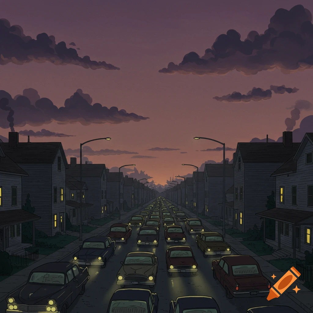 A stylized image of a long suburban street with heavy traffic at dusk.