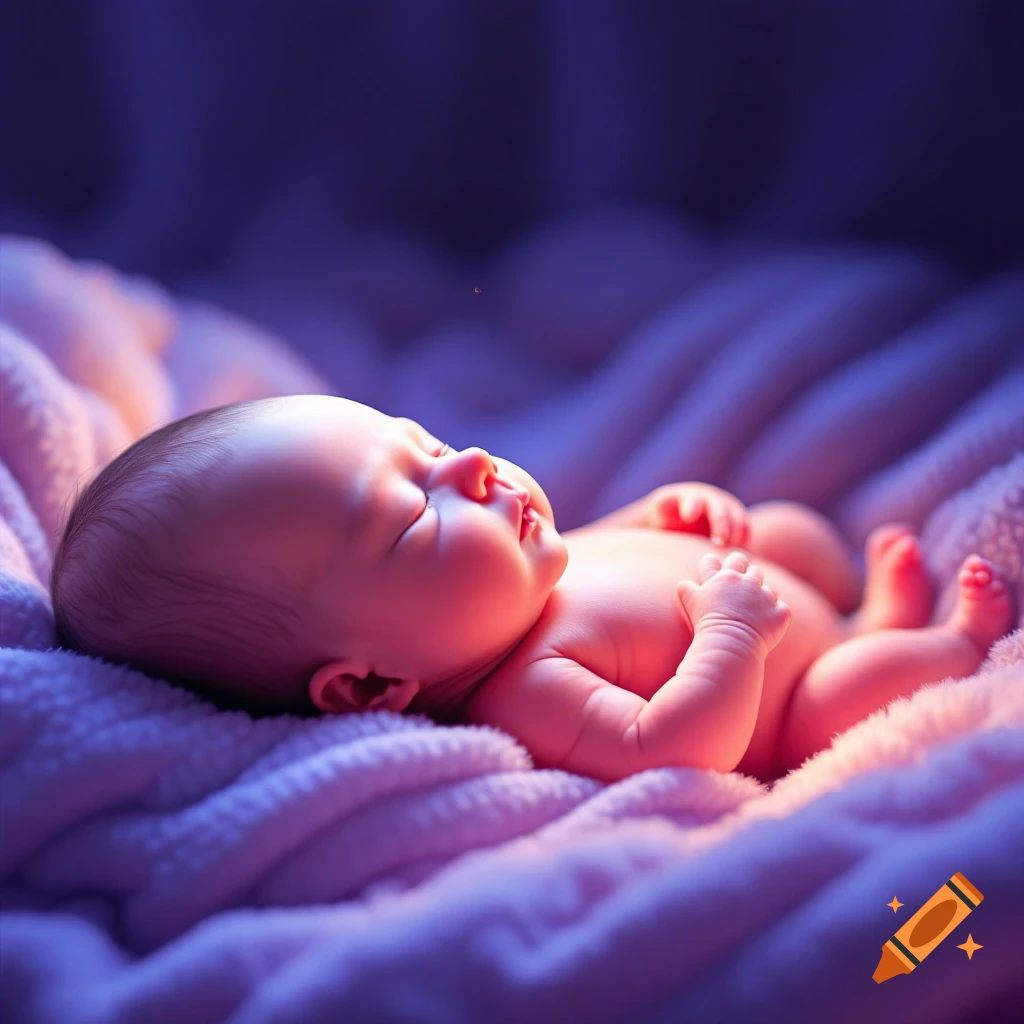 A baby sleeps peacefully on a soft blanket under purple and pink light.