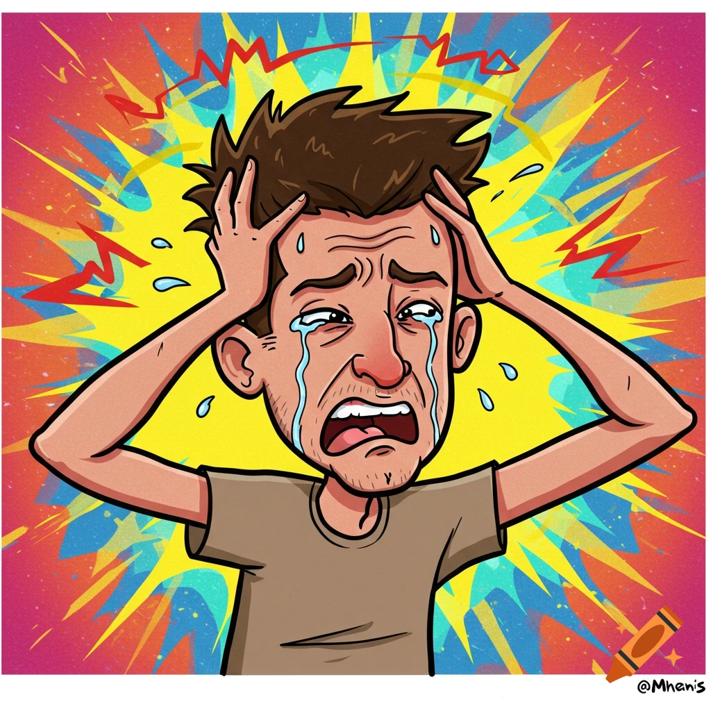 Cartoon man holding his head in pain with tears and sweat against a colorful explosive background.