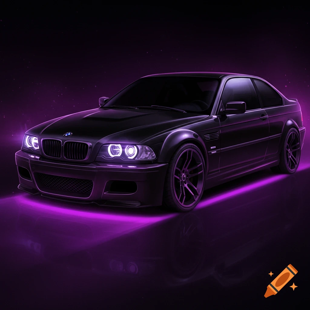 A black BMW car with purple underglow.