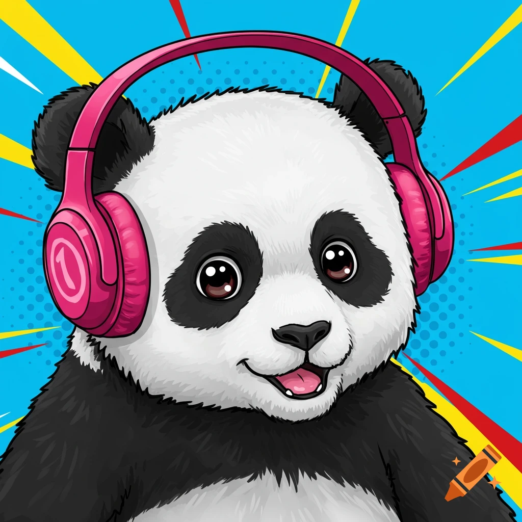 A cute pop art illustration of a panda wearing pink headphones on a bright background.