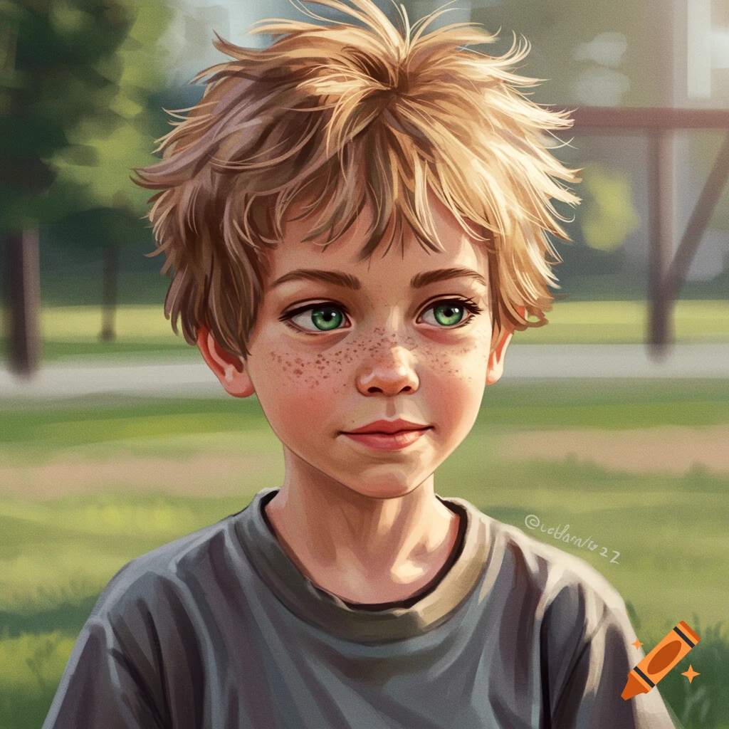 A portrait of a young boy with green eyes and freckles, looking slightly to the side in a park.