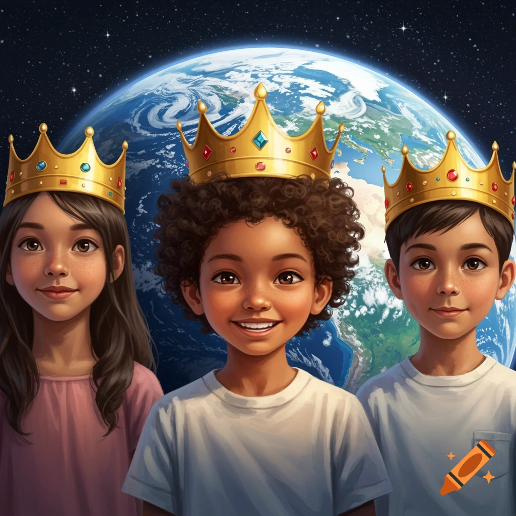 Three diverse children wearing golden crowns in front of Earth and stars.