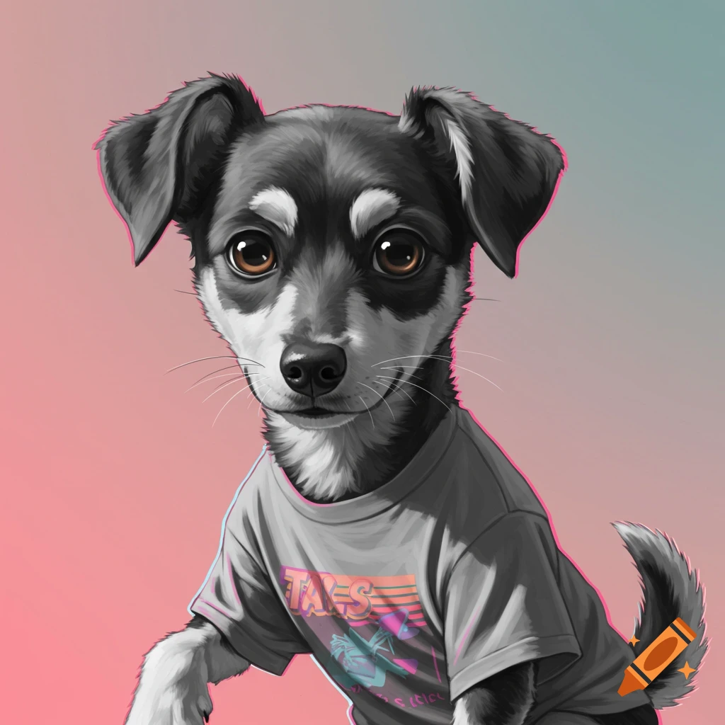 A mixed-breed dog wearing a t-shirt with a vintage design.