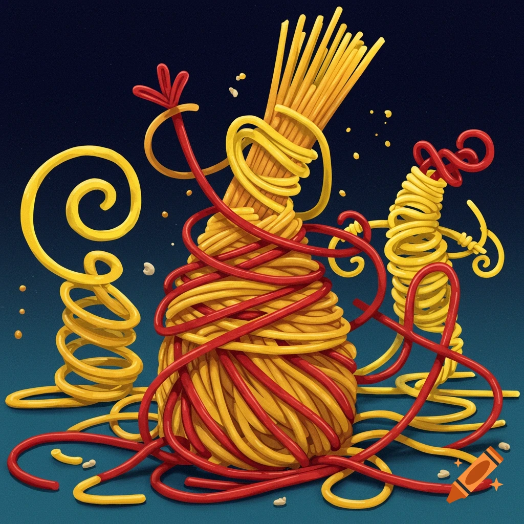 Yellow and red spaghetti arranged into abstract sculptural shapes.
