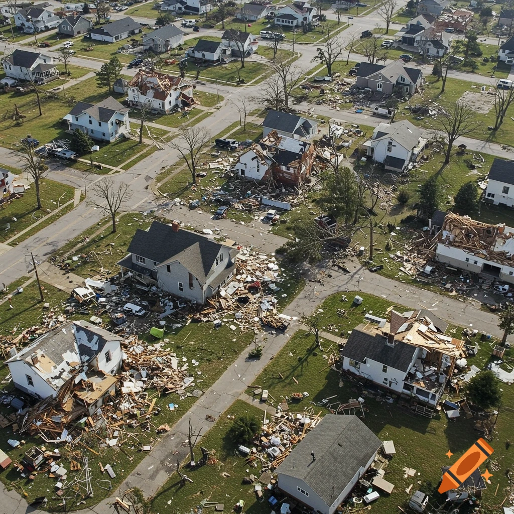 Aerial view of severe tornado damage in a residential neighborhood with debris scattered.