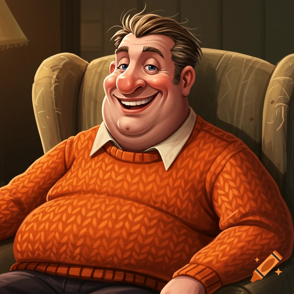 A cartoon portrait of a smiling man in an orange cable-knit sweater sitting in a chair.