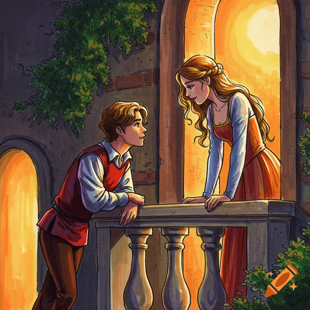 Marker illustration of a young man looking up at a woman on a balcony.