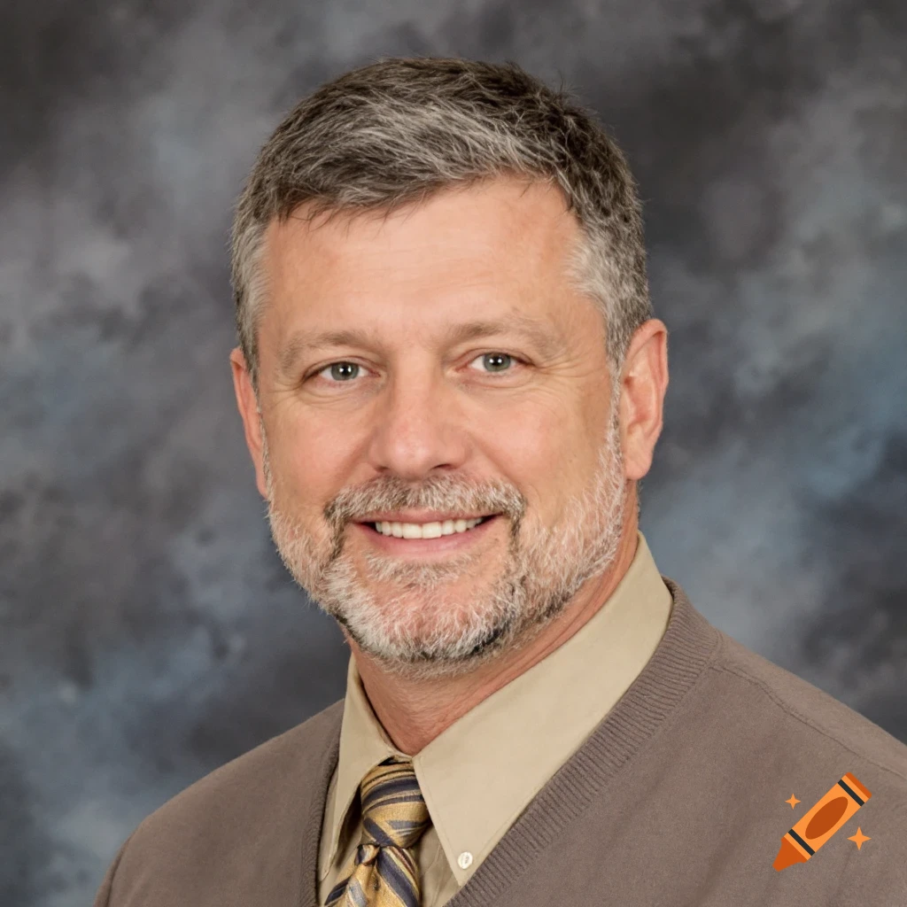A photorealistic portrait of a middle-aged man with a beard, wearing a shirt, tie, and sweater.
