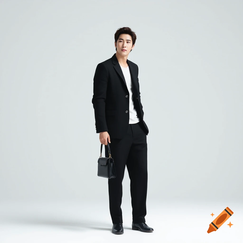 A man in a black suit holds a black bag in a studio.