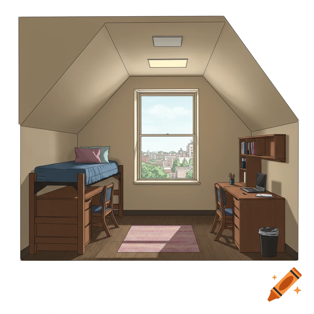 An illustration of a dorm room with a bed, desk, and window.