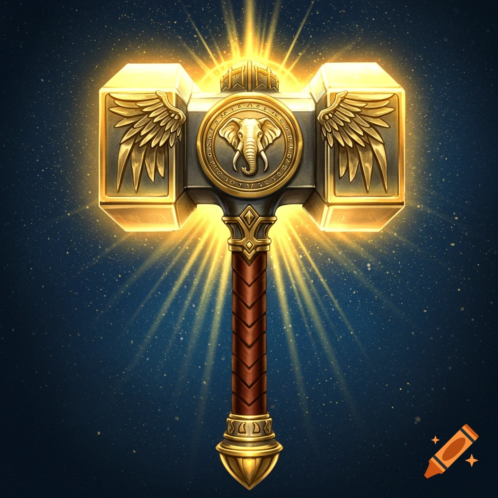 Golden warhammer with wings, elephant etching, and glowing light rays on a dark background.