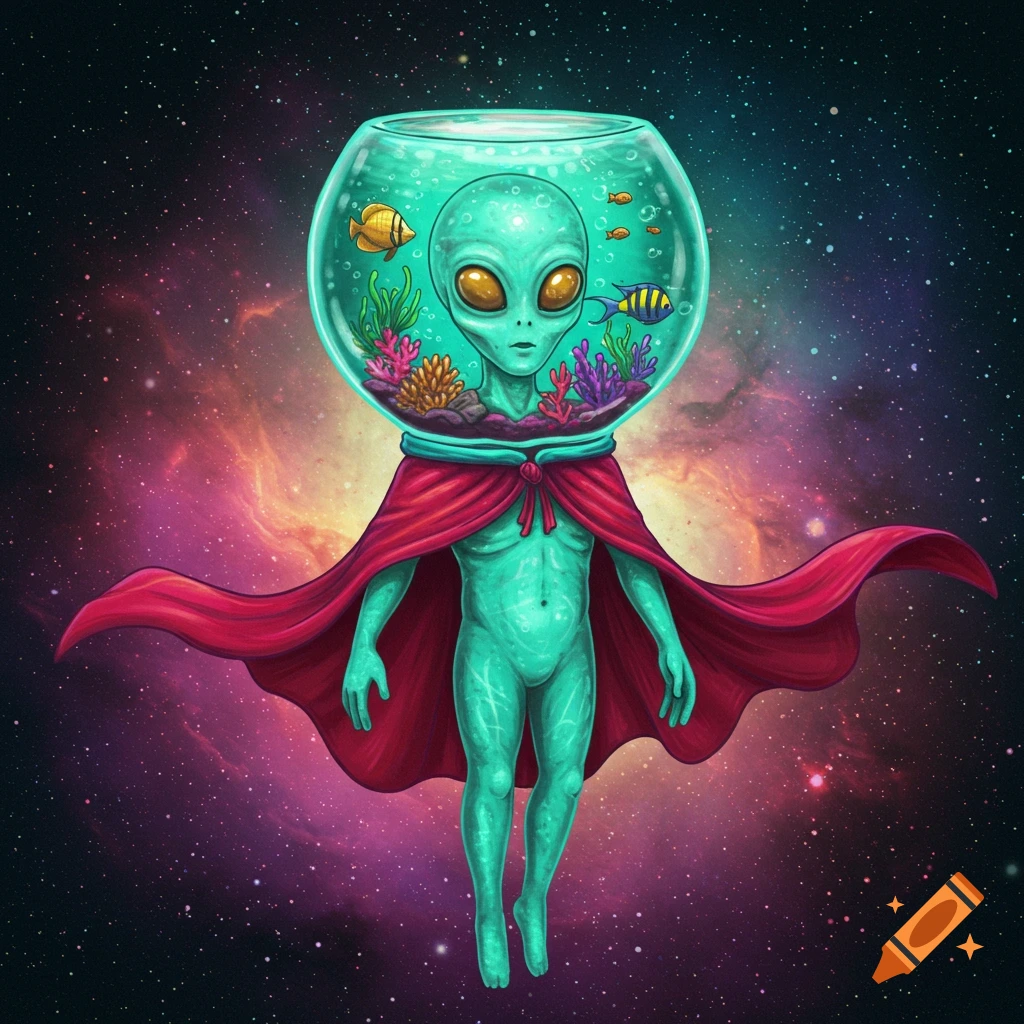 A cartoon alien in space wearing a red cape and a fishbowl filled with fish and coral on its head.