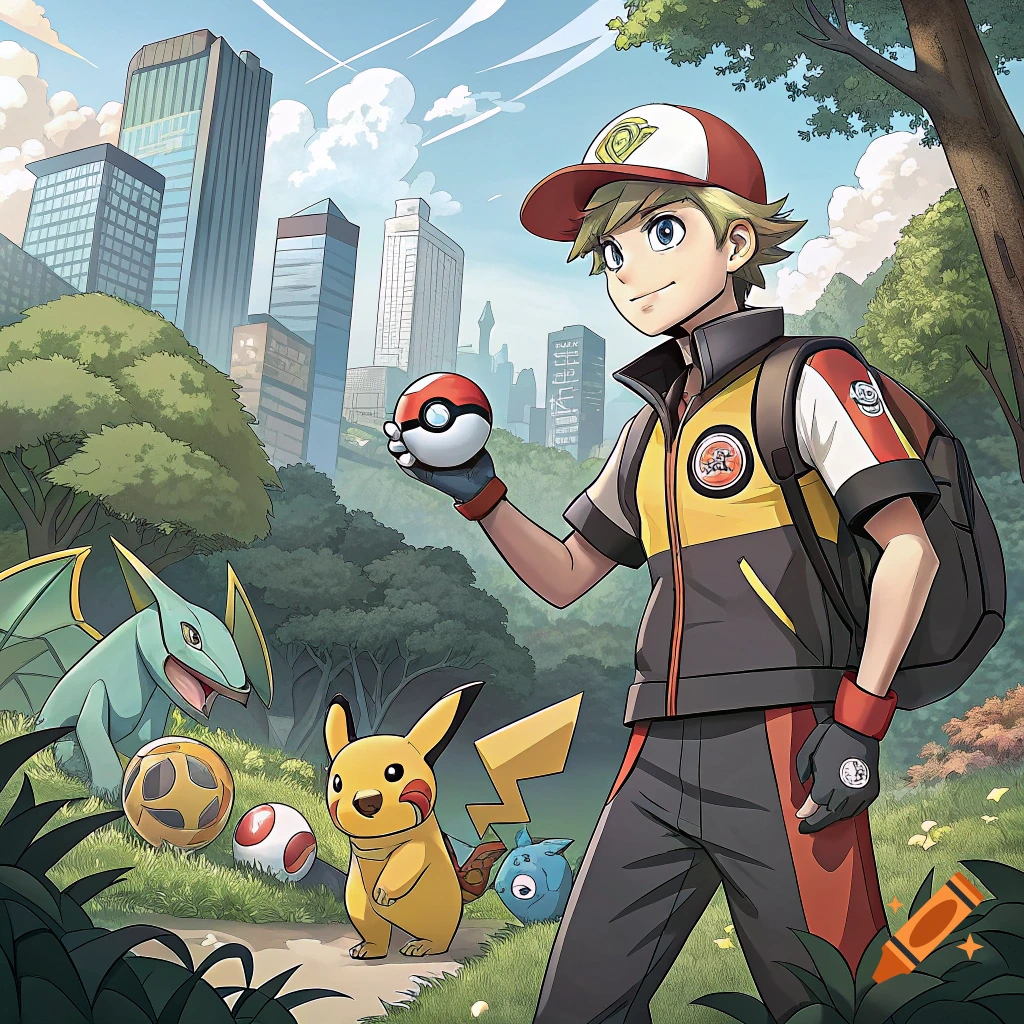 Anime style image of a Pokemon trainer with Pikachu and Dragonair in a park near a city, holding a Pokeball.