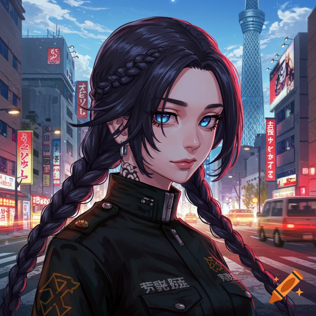 Anime illustration of a woman with braided black hair and blue eyes in a dark jacket, standing in a city street at dusk.