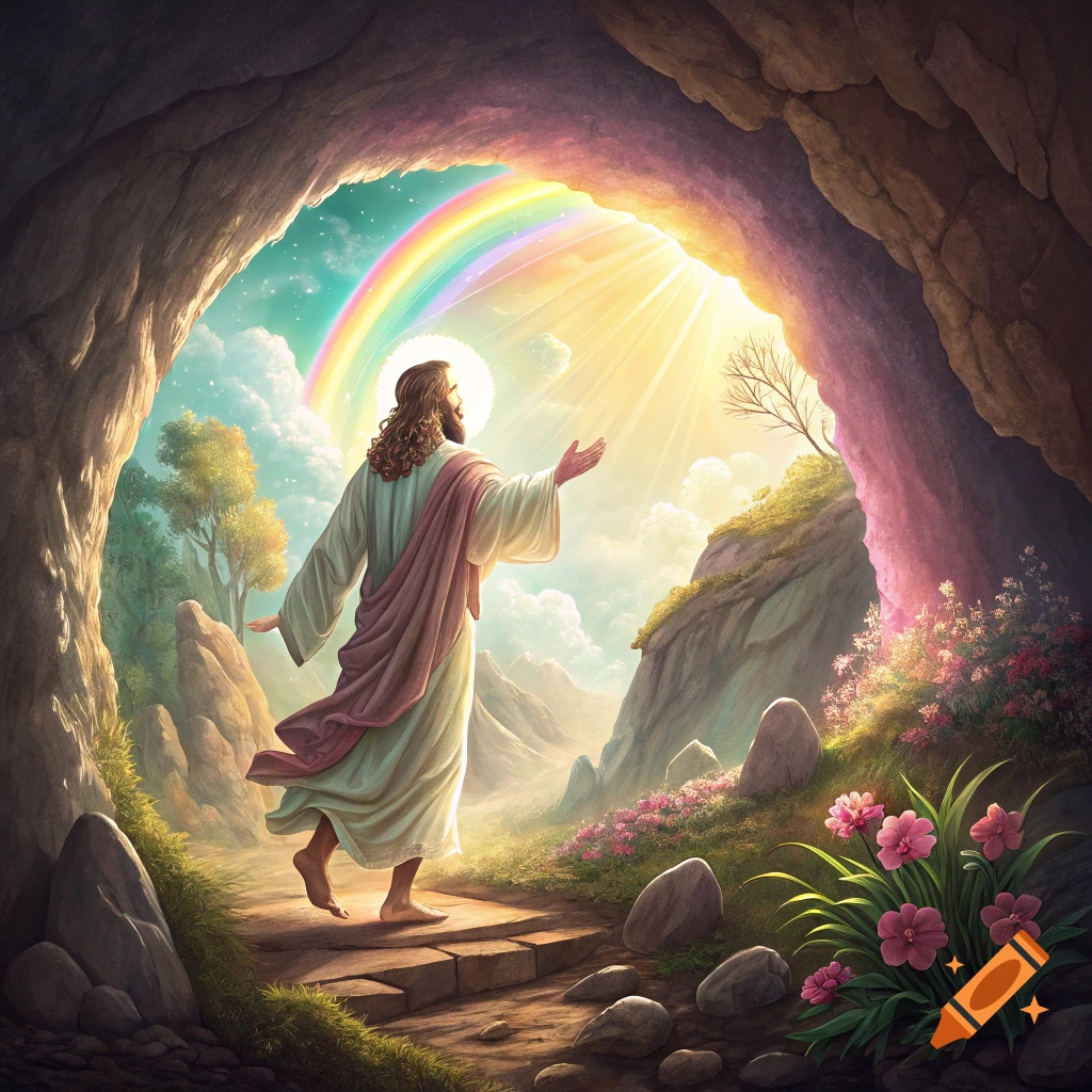 Figure resembling Jesus emerges from a cave towards bright light and a rainbow, surrounded by a vibrant landscape with flowers.