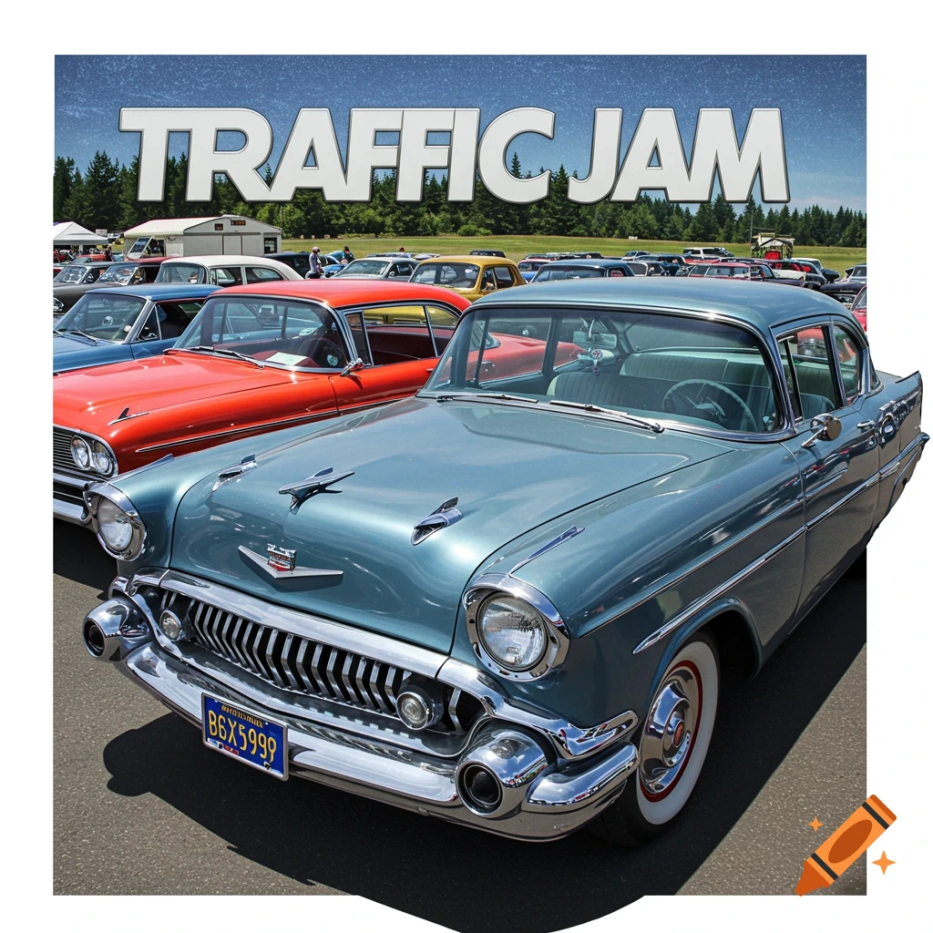 Classic cars parked outdoors with "TRAFFIC JAM" text overlay.